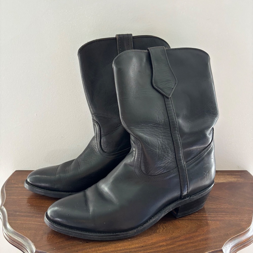 Men's 10D FRYE Vintage Black Leather Pull On Short Motorcycle Western Boots USA